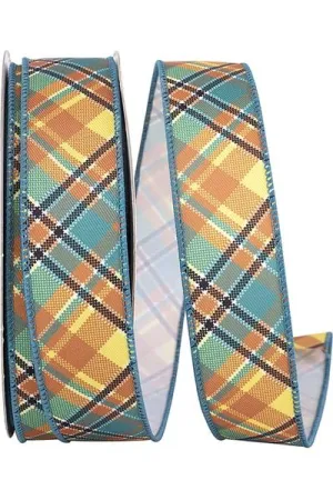 1.5" Plaid Nelson Diagonal Ribbon: Turquoise (20 Yards)