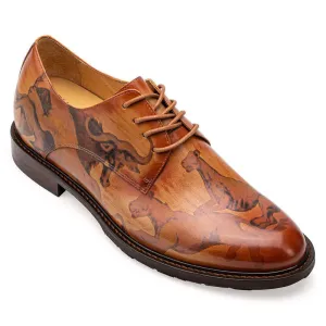 6CM /2.36 Inches - CMR CHAMARIPA Handcrafted High Heel Men Dress Shoes - Hand-Painted Leather Elevator Shoes - Brown Animal Pattern Wholecut Oxfords