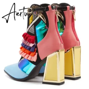 Aiertu High Heel Ankle Boots Bling Bling Novelty Heels Ruffles Party Short Boots For Women Pointed Toe Modern Runway Heel Shoes Ethnic