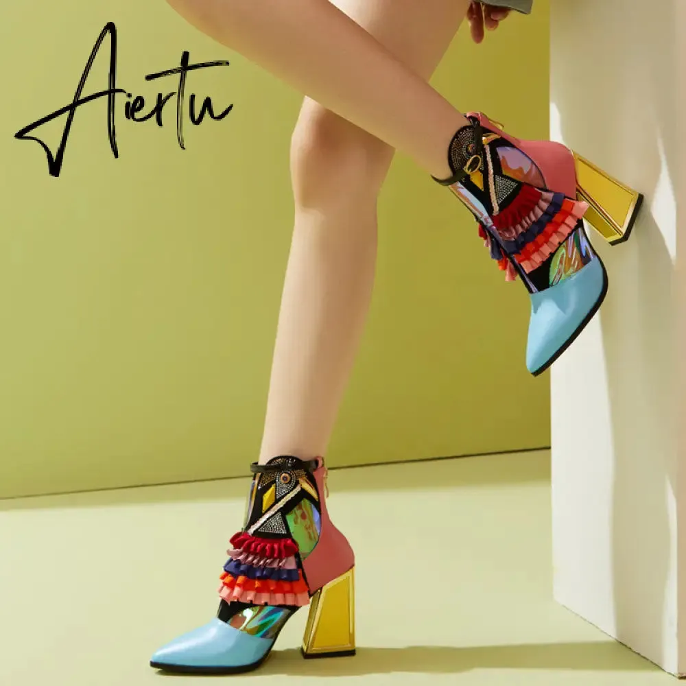 Aiertu High Heel Ankle Boots Bling Bling Novelty Heels Ruffles Party Short Boots For Women Pointed Toe Modern Runway Heel Shoes Ethnic