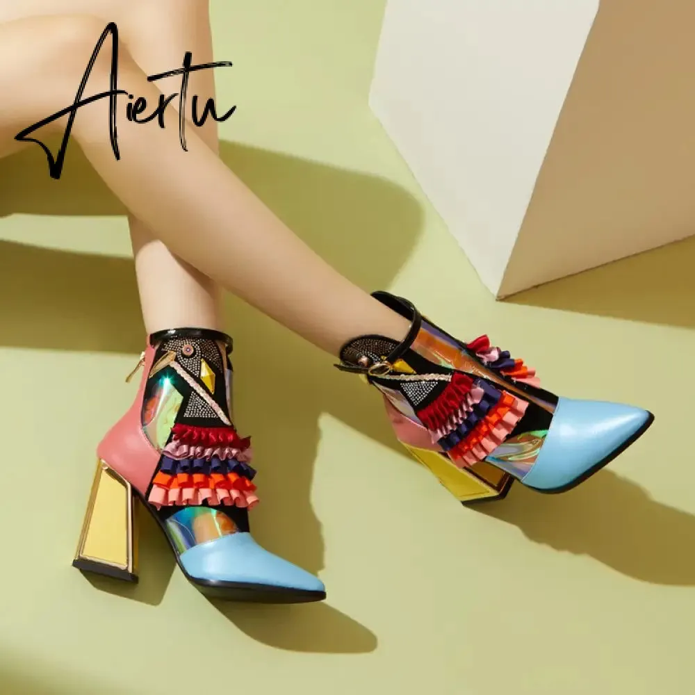 Aiertu High Heel Ankle Boots Bling Bling Novelty Heels Ruffles Party Short Boots For Women Pointed Toe Modern Runway Heel Shoes Ethnic