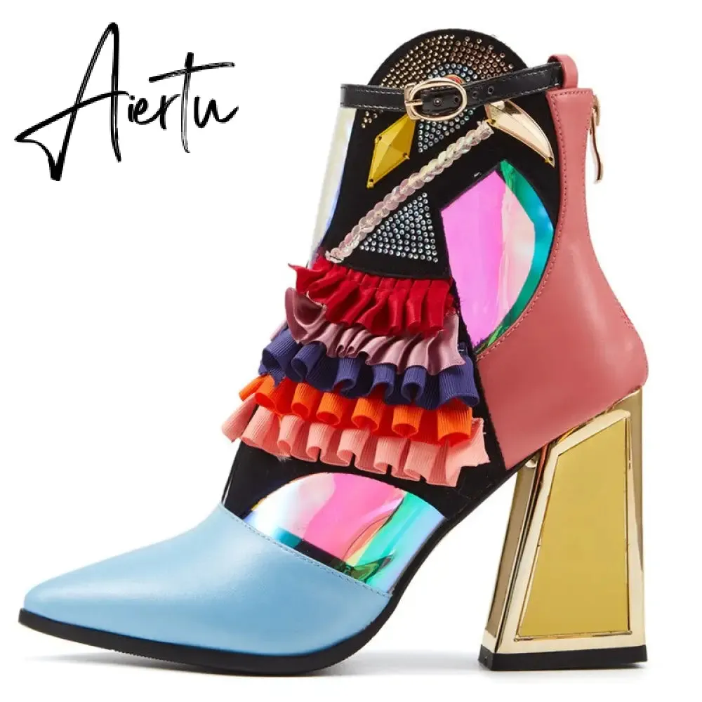 Aiertu High Heel Ankle Boots Bling Bling Novelty Heels Ruffles Party Short Boots For Women Pointed Toe Modern Runway Heel Shoes Ethnic