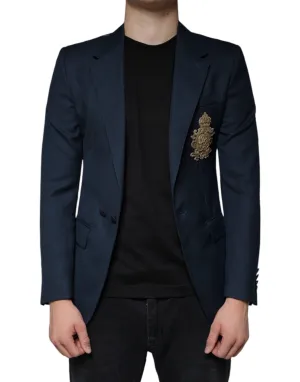 Blue Wool Logo Single Breasted Coat Blazer