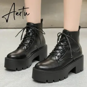 Chunky Platform Chelsea Boots Women Autumn Winter Black Pu Leather Ankle Boots Woman Lace Up High Heels Motorcycle Shoes