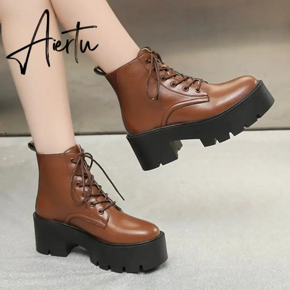 Chunky Platform Chelsea Boots Women Autumn Winter Black Pu Leather Ankle Boots Woman Lace Up High Heels Motorcycle Shoes