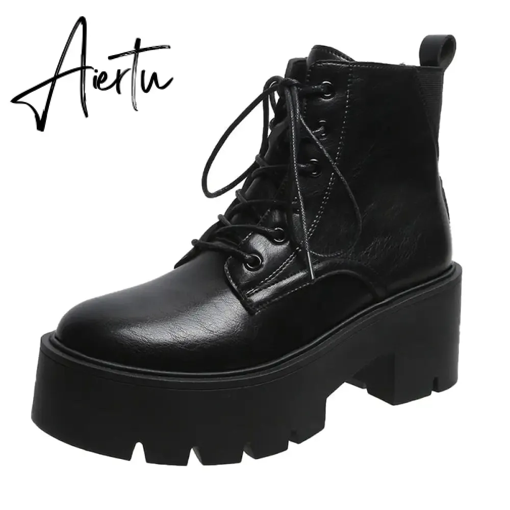 Chunky Platform Chelsea Boots Women Autumn Winter Black Pu Leather Ankle Boots Woman Lace Up High Heels Motorcycle Shoes