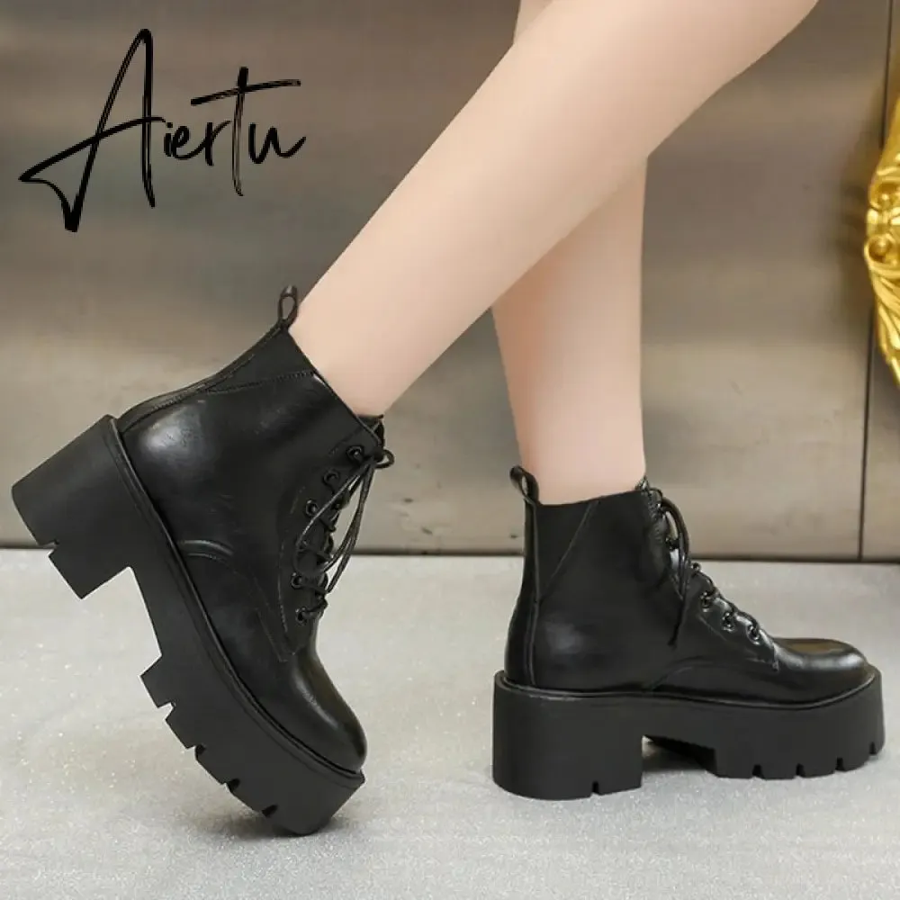 Chunky Platform Chelsea Boots Women Autumn Winter Black Pu Leather Ankle Boots Woman Lace Up High Heels Motorcycle Shoes