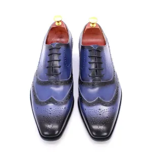 Hnzxzm Brand Dress Shoes Mens Oxford Shoes Wingtip Genuine Leather Business Office Blue Shoes for Men Classic Brogue Lace Up Male Shoes