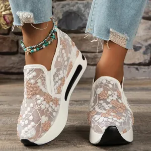 Hnzxzm Embroidery Thick Platform Sneakers Women Autumn Breathable Mesh Loafers Woman Plus Size 42 Slip On Wedge Heels Casual Shoes