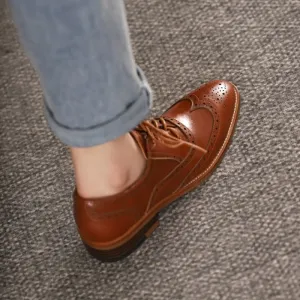 New Spring/Autumn Women Shoes Oxford for Woman Genuine Leather Flats Brogues Vintage lace up Casual Brown Shoes for Girls