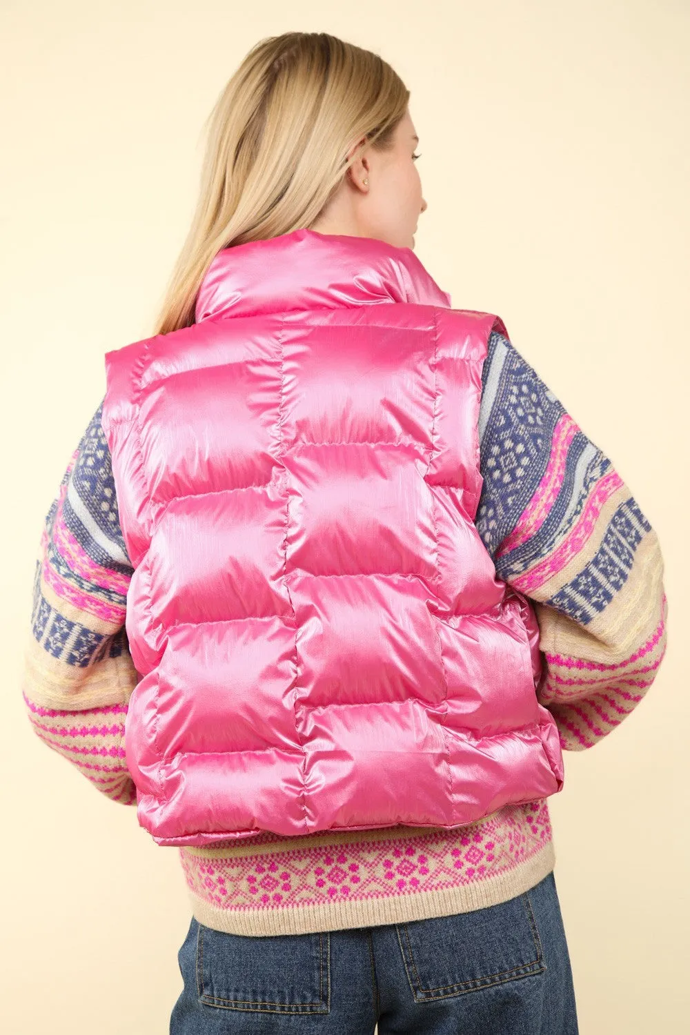 Shiny Metallic Zip Up Puffer Vest