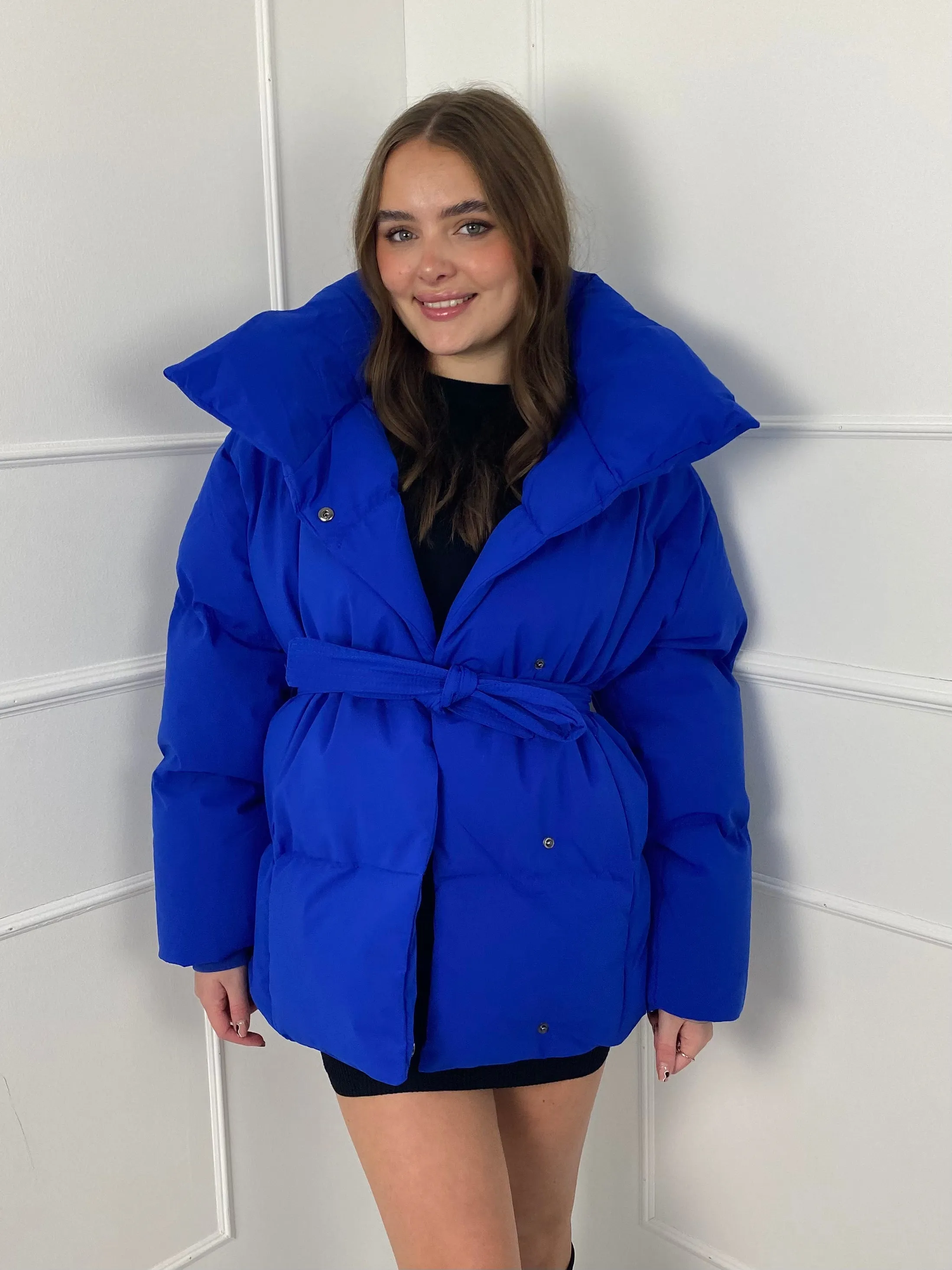 Short Belted Puffer Jacket - Royal Blue