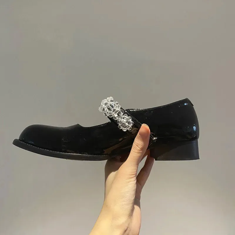 Sohiwoo British small leather shoes Women's flat bottomed Mary Jane shoes Versatile crystal slippers