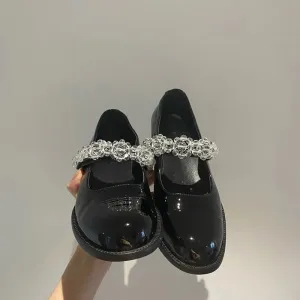 Sohiwoo British small leather shoes Women's flat bottomed Mary Jane shoes Versatile crystal slippers