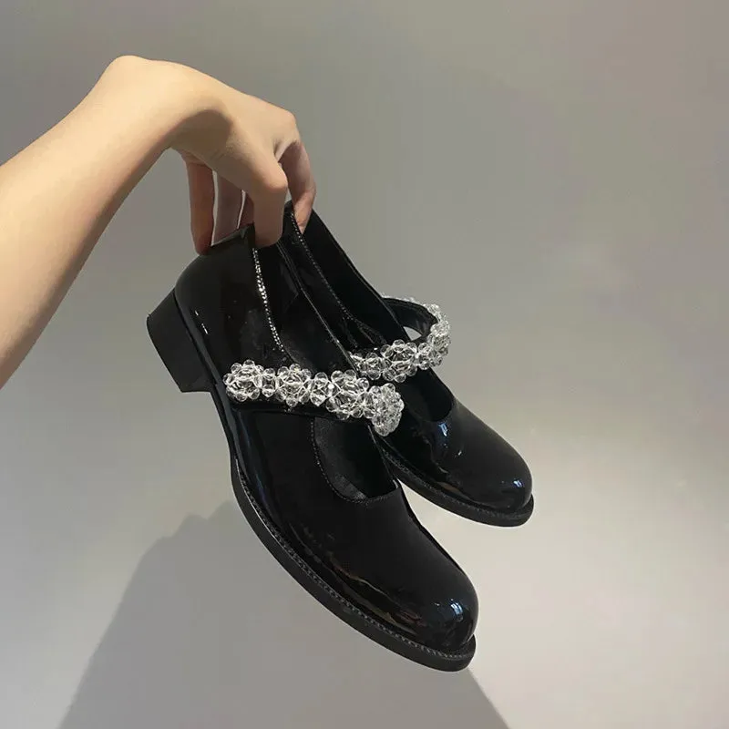 Sohiwoo British small leather shoes Women's flat bottomed Mary Jane shoes Versatile crystal slippers