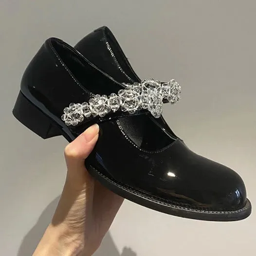 Sohiwoo British small leather shoes Women's flat bottomed Mary Jane shoes Versatile crystal slippers