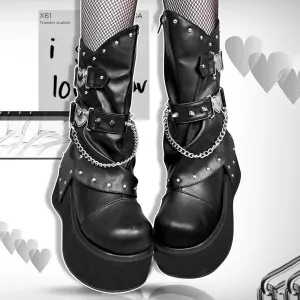 Sohiwoo Punk Wedges Black Ankle Boots Women Winter Y2K Pu Leather Chunky Platform Boots Woman Plus Size 42 Gothic Cosplay Shoes