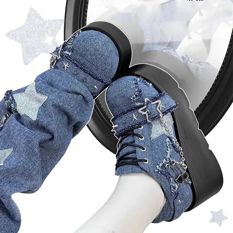 Sohiwoo Y2K Star Print Chunky Platform Ankle Boots Women New Metal Chain Blue Denim Boots Woman Cute Thick Bottom Jk Lolita Shoes