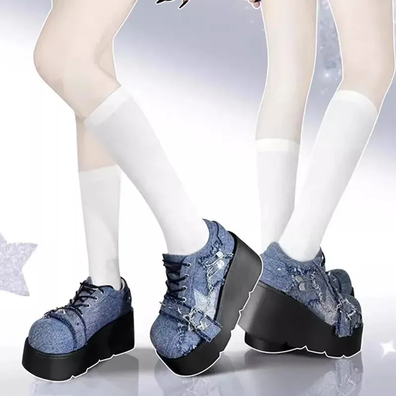 Sohiwoo Y2K Star Print Chunky Platform Ankle Boots Women New Metal Chain Blue Denim Boots Woman Cute Thick Bottom Jk Lolita Shoes