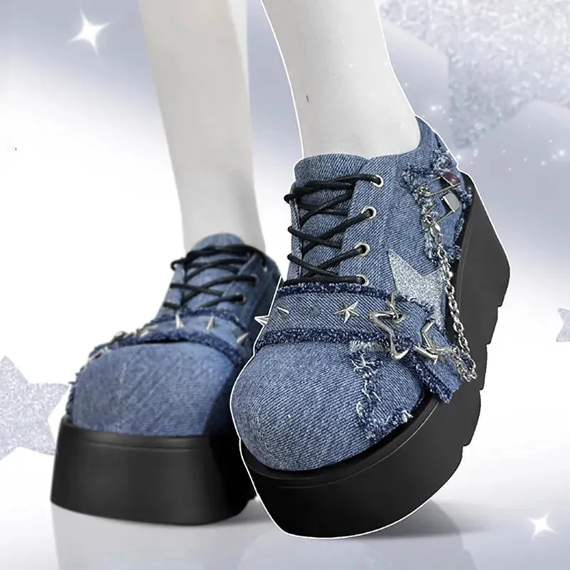 Sohiwoo Y2K Star Print Chunky Platform Ankle Boots Women New Metal Chain Blue Denim Boots Woman Cute Thick Bottom Jk Lolita Shoes