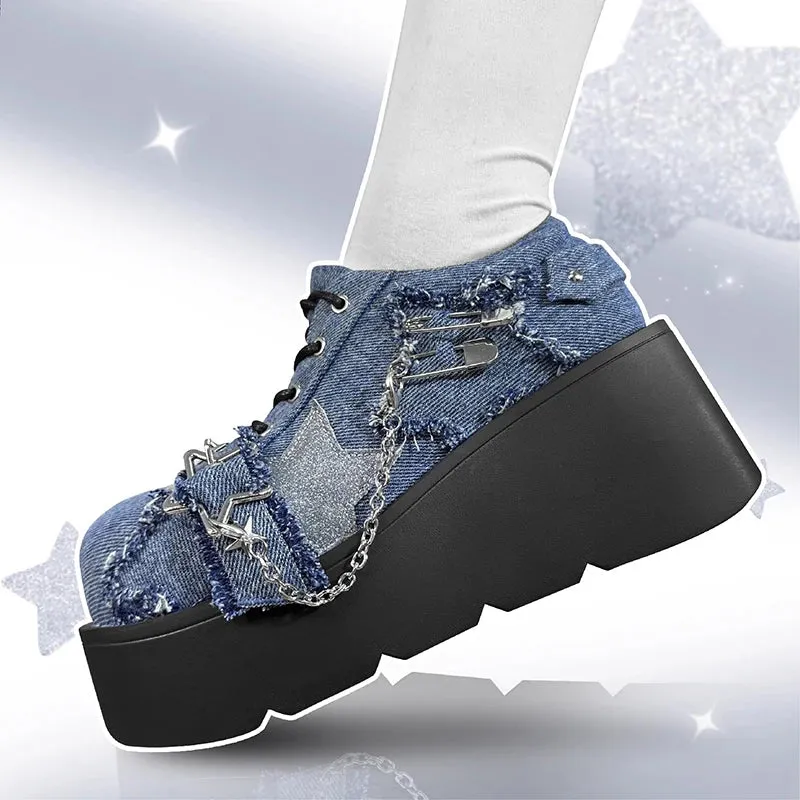 Sohiwoo Y2K Star Print Chunky Platform Ankle Boots Women New Metal Chain Blue Denim Boots Woman Cute Thick Bottom Jk Lolita Shoes