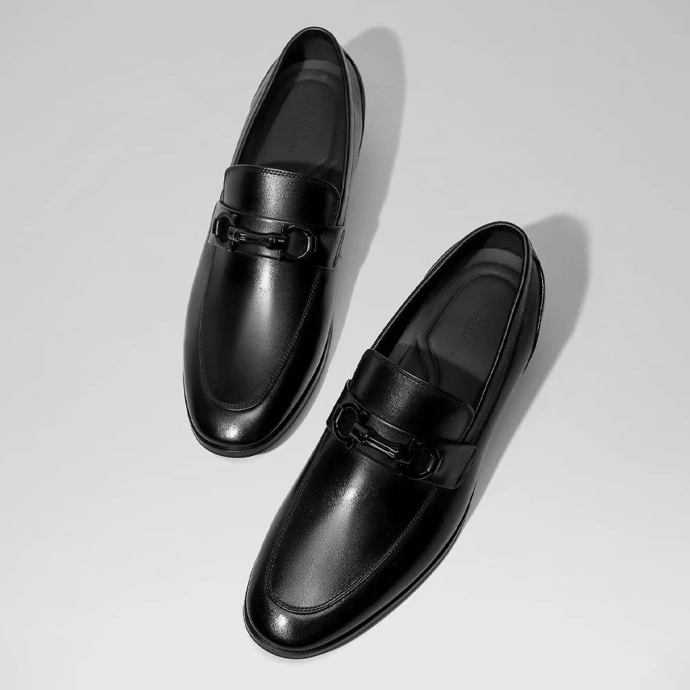 This item only ships to Europe - 6 CM/2.36 Inches CMR CHAMARIPA Elevate Your Style with Height Increasing Black Calfskin Slip-On Loafers for Men